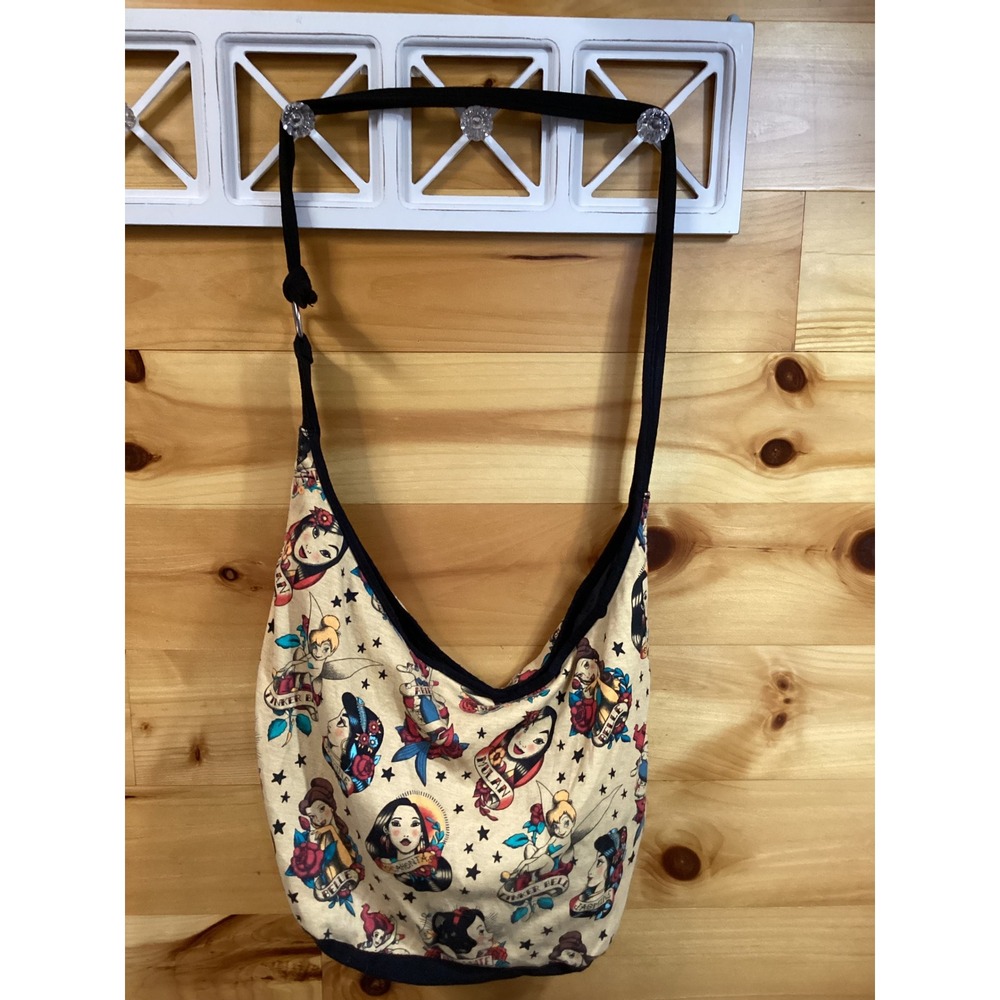 Loungefly Disney Princess Tattoo Canvas Crossbody Hobo Bag Tan Black